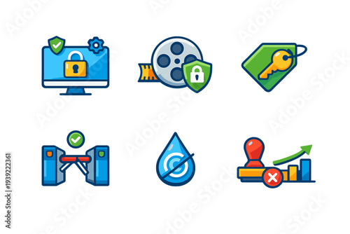 A collection of six colorful vector icons representing digital security, content protection, access control, and data management, featuring a monitor, film reel, and turnstile.