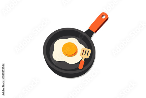 A 3D render featuring a black frying pan with an orange handle, a sunny-side-up egg, and a small spatula inside. The minimalist design is isolated on a solid black background.