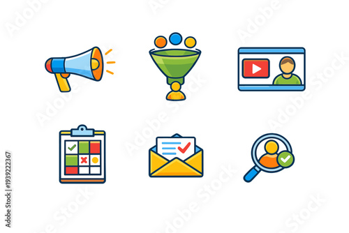 A collection of six colorful business and marketing icons on a black background, including a megaphone, a sales funnel, a video player, a checklist, an email, and a search icon.