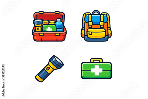 A collection of four survival and emergency kit icons including an open red supply box, a colorful backpack, a yellow flashlight, and a green first aid kit on a black background.