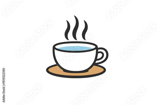 A simple cartoon illustration of a white coffee cup filled with blue liquid, sitting on a tan saucer with steam rising above it, set against a solid black background.
