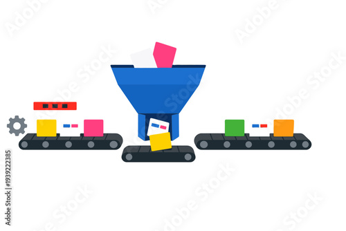 A flat vector illustration showing a stylized manufacturing process with conveyor belts, a blue funnel, and colorful square blocks moving through an automated assembly line.