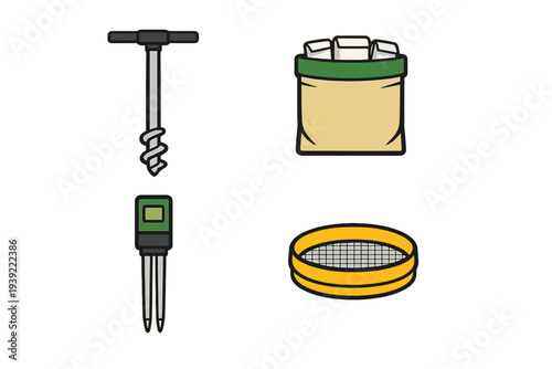 This illustration displays four essential tools for soil analysis including a manual auger, a sample bag, a digital moisture tester, and a yellow sieve on a black background.