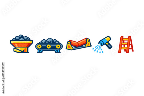 A set of five colorful industrial icons on a black background featuring a coal hopper, a conveyor belt with ore, a roller frame, a water spray nozzle, and a red ladder.