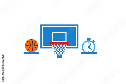 A stylized illustration featuring a blue basketball backboard with a net, an orange basketball on a platform, and a blue stopwatch, all set against a solid black background.