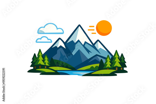 Canvastavla This flat design illustration depicts a scenic mountain range with snow-covered peaks, a bright sun, fluffy clouds, green evergreen trees, and a peaceful blue lake at the base