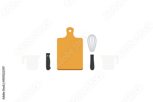 A flat illustration of various kitchen tools including a wooden cutting board, a knife, a whisk, and two measuring cups arranged in a row against a solid black background.