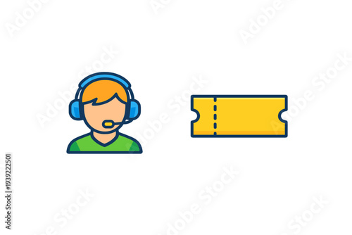 A flat vector illustration featuring a customer support representative wearing a blue headset next to a yellow ticket icon, set against a solid black background for high contrast.