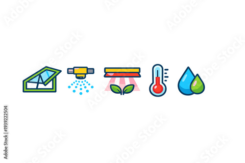 A set of five colorful flat icons representing greenhouse technology, including a greenhouse structure, irrigation sprinkler, grow light, thermometer, and water droplets.