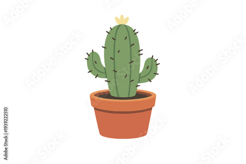 A flat illustration of a green cactus with two arms and a small yellow flower on top, planted in a terracotta clay pot against a solid black background.