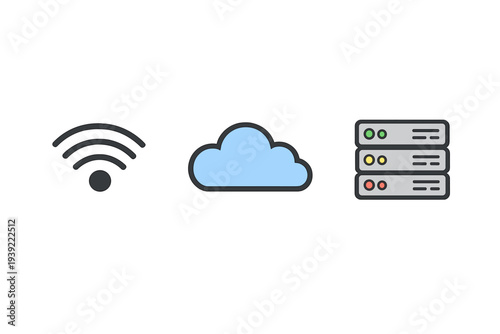 A horizontal arrangement of three digital technology icons including a wifi signal, a blue cloud, and a server rack with status lights, set against a dark textured background.