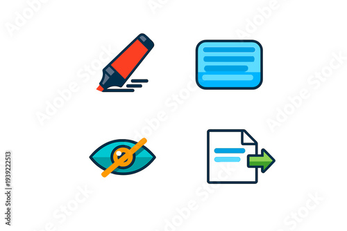 A set of four colorful flat icons including a red highlighter, a blue text box, a hidden eye symbol with a slash, and a document export icon with a green arrow on a black background.