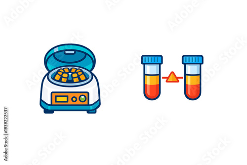 A stylized vector illustration of a laboratory centrifuge machine next to two test tubes containing separated blood samples with plasma and red blood cells on a black background.