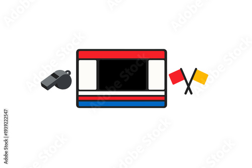 A graphic illustration features a central screen with red, white, and blue stripes, accompanied by a gray whistle and crossed red and yellow flags on a black background.