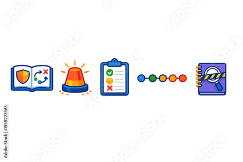 A set of five colorful icons on a black background representing security strategy, emergency alerts, checklist evaluation, progress tracking, and forensic investigation procedures.