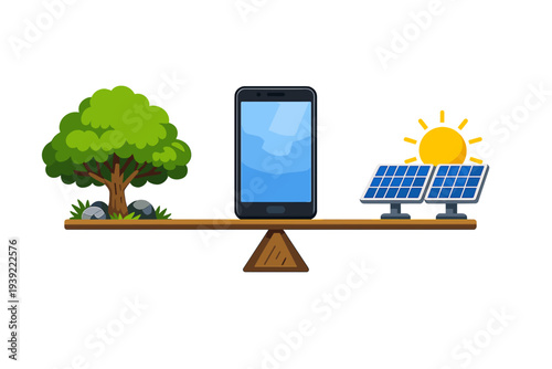 This vector illustration depicts a balance scale with a lush green tree, a smartphone, and solar panels under a sun, representing the harmony between nature and modern technology.