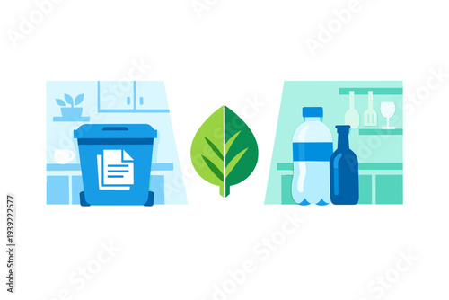 This flat vector illustration depicts waste sorting with a blue paper recycling bin and plastic bottles separated by a green leaf, highlighting environmental sustainability.