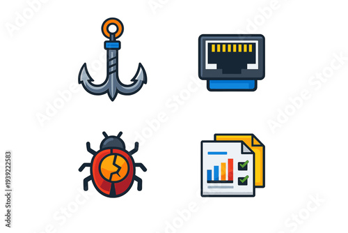 A collection of four flat vector icons featuring a nautical anchor, an Ethernet network port, a cracked bug representing a software error, and a business report document.