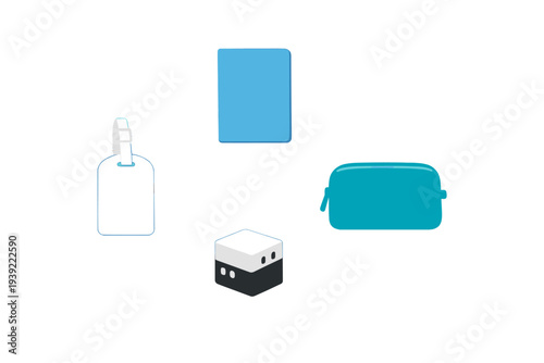 A collection of travel essentials including a white luggage tag, a blue passport cover, a teal toiletry bag, and a universal power adapter isolated on a black background.