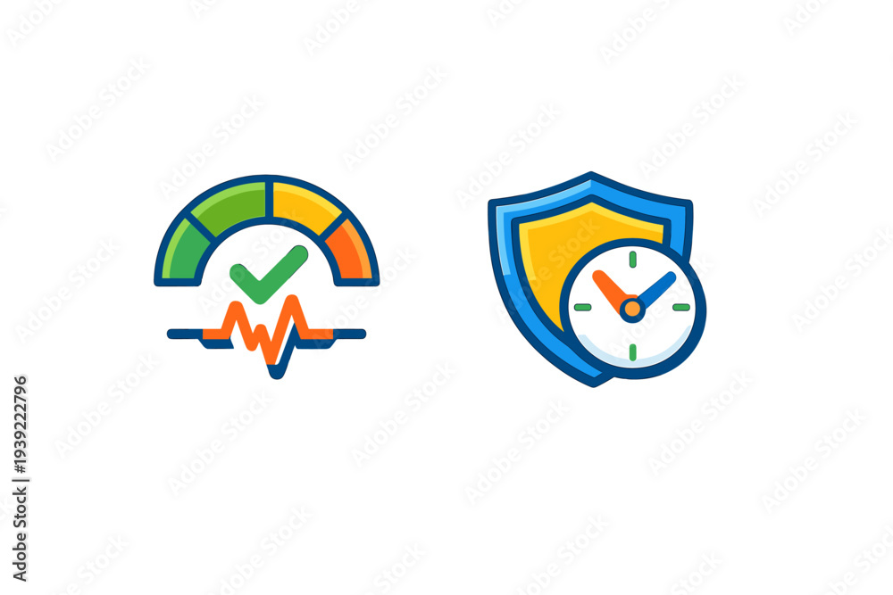 Obraz premium Two colorful icons on a black background. One shows a performance gauge with a checkmark and pulse line, while the other features a protective shield with a clock face.