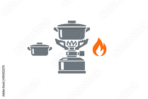 A graphic illustration of a portable camping stove with a pot on top, featuring a stylized orange flame icon to the side and another pot on a dark textured background.