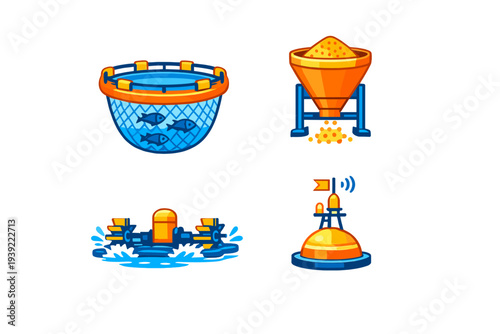 A set of four stylized icons representing modern aquaculture technology, including a fish cage, an automatic feeder, a paddlewheel aerator, and a monitoring buoy on a black background.