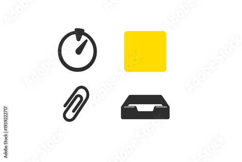 A collection of four minimalist office and productivity icons including a timer, a yellow square, a paperclip, and an inbox tray, all set against a solid black background.
