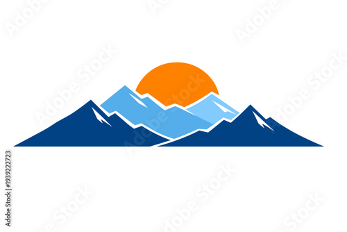 A minimalist vector illustration featuring stylized blue mountain peaks and a large orange sun rising behind them, all set against a solid black background.