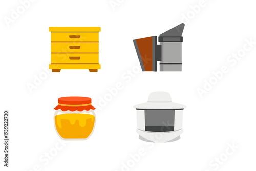 A collection of four beekeeping icons including a yellow beehive, a metal bee smoker, a glass jar filled with golden honey, and a white protective beekeeper hat with a veil.