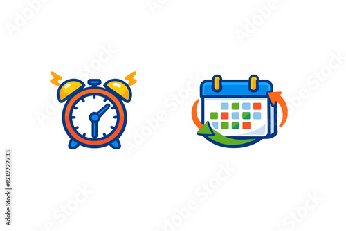 A colorful cartoon illustration featuring a ringing blue alarm clock and a calendar with a circular arrow, representing time management and scheduling on a black background.