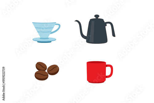 A collection of flat vector illustrations featuring a light blue pour-over dripper, a black gooseneck kettle, three brown coffee beans, and a red mug isolated on a black background.