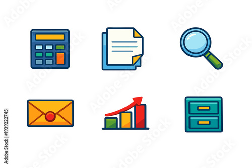 This set features six stylized business icons: a calculator, paper document, magnifying glass, mail envelope, growth bar chart, and a filing cabinet on a black background.