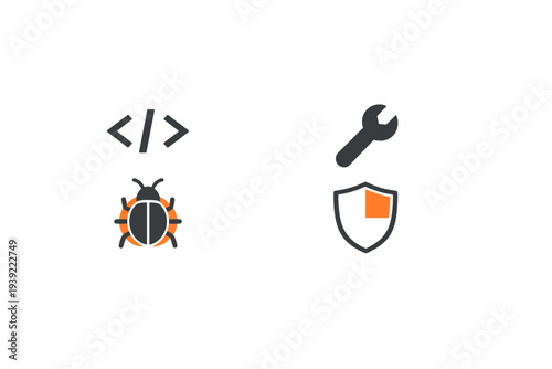 Four flat vector icons depicting programming, bug tracking, technical repair, and cybersecurity protection, including code symbols, a beetle, a wrench, and a shield on a dark background.