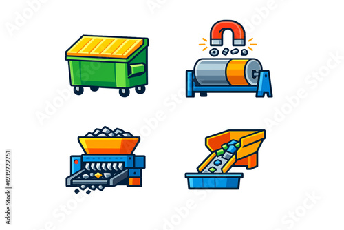 A set of four colorful cartoon icons illustrating waste management processes including a green dumpster, a magnetic separator, a material shredder, and a sorting conveyor belt.