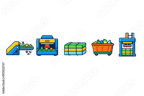 A series of colorful flat icons illustrating the plastic recycling process, including a conveyor belt, sorting machine, stacked bales, waste bin, and a hydraulic press on a black background.