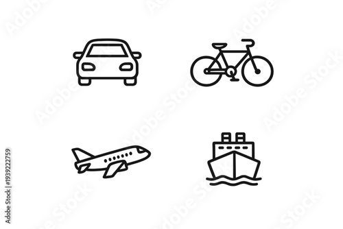 A collection of four minimalist black line icons representing different modes of transportation, including a car, a bicycle, an airplane, and a ship, isolated on a white background.