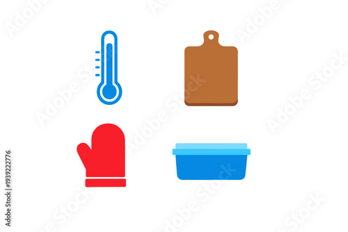 A collection of four minimalist kitchen icons including a blue thermometer, a brown cutting board, a red oven mitt, and a blue storage container on a solid black background.