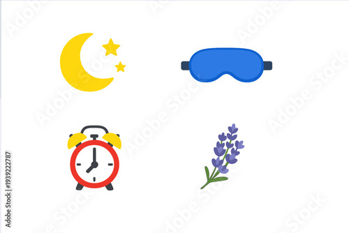 A collection of four icons on a black background featuring a yellow crescent moon with stars, a blue sleep mask, a red alarm clock, and a sprig of purple lavender flowers.
