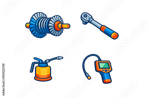 A set of four vector icons featuring mechanical equipment such as a turbine, a socket wrench, an oiler, and a diagnostic scanner, presented in a bold, colorful flat design style.
