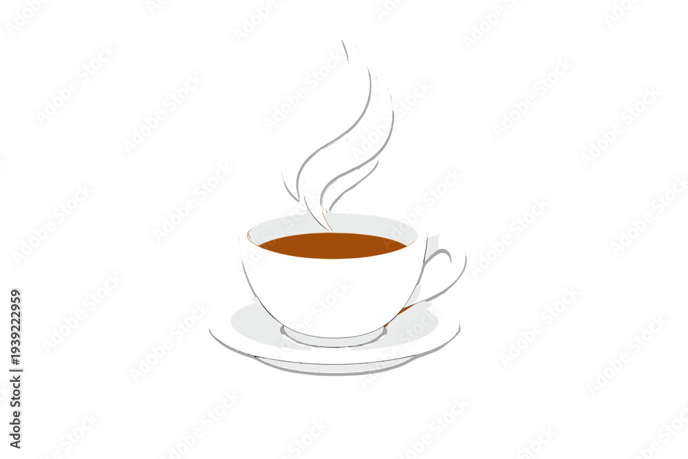 Obraz premium A white ceramic cup filled with hot brown coffee or tea sits on a matching saucer against a black background. Stylized white steam rises from the surface of the warm beverage.