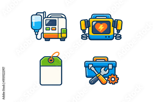 This collection of four colorful vector icons includes a medical infusion pump, a heart defibrillator, a blank hanging tag, and a blue toolbox with a wrench and screwdriver.