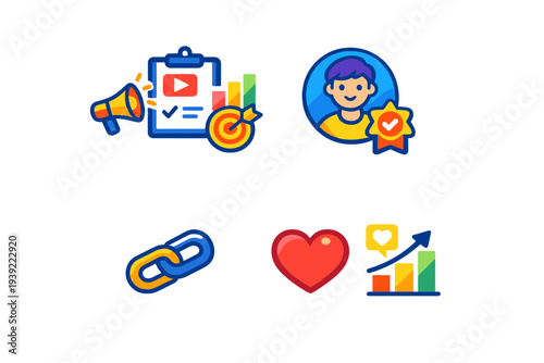A set of four colorful digital marketing and social media icons featuring a megaphone, a target, a user profile with a badge, chain links, and a heart with an analytics growth chart.