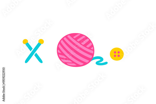 A collection of colorful craft stickers featuring crossed blue knitting needles, a ball of pink yarn, and a yellow button, all presented with white borders on a solid black background.