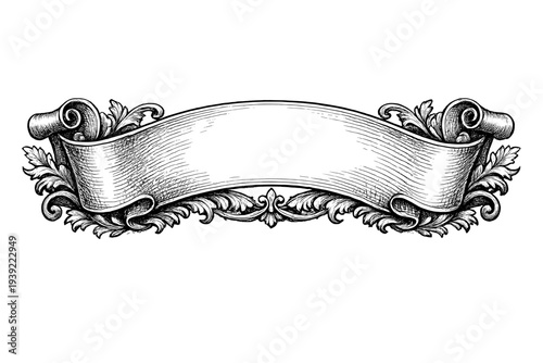 Photography Detailed engraving of a blank vintage banner featuring intricate floral scrolls and acanthus leaf motifs