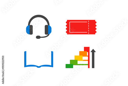A collection of four colorful icons on a black background featuring a headset with a microphone, a red ticket, an open blue book, and a rising bar chart with an upward arrow.