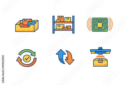 This collection features six flat vector icons for logistics and supply chain management, showing storage boxes, tracking chips, scanning processes, and status updates on black.