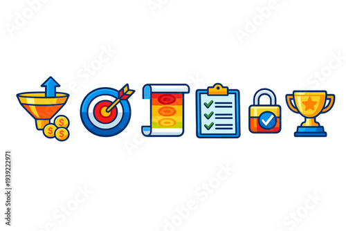 A set of six colorful business and success icons including a funnel with coins, a target with an arrow, a progress chart, a checklist, a secure padlock, and a gold trophy on a black background.