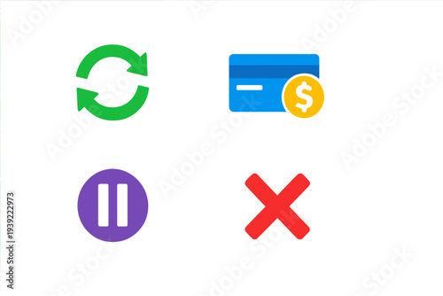 A collection of four colorful digital icons on a black background representing refresh, credit card payment, pause, and cancel functions for user interface design.
