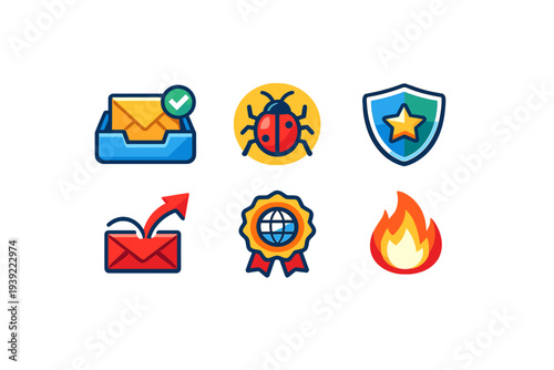 A collection of six colorful flat icons including an inbox with a checkmark, a bug, a shield with a star, an outgoing email, a global award ribbon, and a bright flame on a black background.