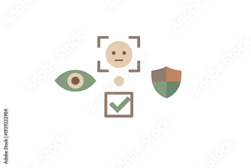 A collection of flat icons representing biometric security and verification, including an eye, a face for recognition, a protective shield, and a green checkmark on a black background.